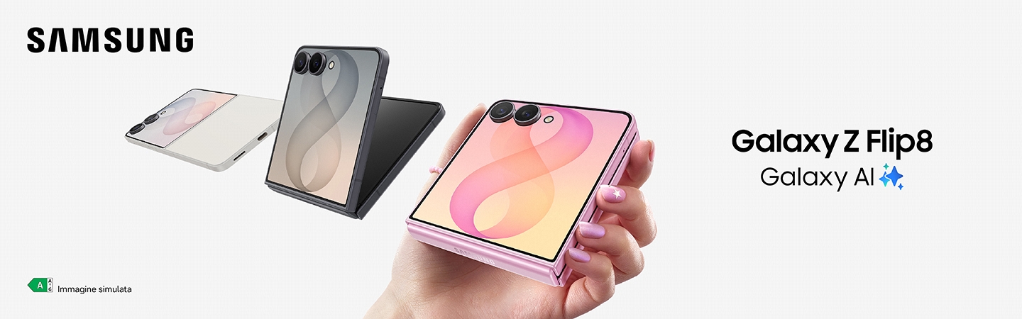 Galaxy Z Flip8 in tre diversi colori e gradi di apertura.